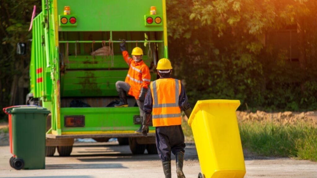 Skip hire company workers loading trash into a skip truck using latest waste management tech